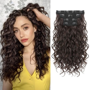 image:imageREECHO Curly Hair Extensions 4PCS 16 inch Clip in Hair Extensions Lace Weft Short Curly Hair Extension Clip Ins Invisible Natural Hairpieces for Women Light Brown with Blonde HighlightsChocolate Brown