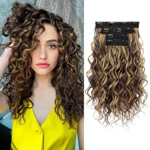 image:imageREECHO Curly Hair Extensions 4PCS 16 inch Clip in Hair Extensions Lace Weft Short Curly Hair Extension Clip Ins Invisible Natural Hairpieces for Women Light Brown with Blonde HighlightsDark Brown with Highlights