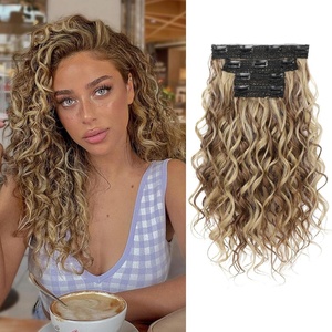 image:imageREECHO Curly Hair Extensions 4PCS 16 inch Clip in Hair Extensions Lace Weft Short Curly Hair Extension Clip Ins Invisible Natural Hairpieces for Women Light Brown with Blonde HighlightsBrown with Deep Blonde Highlights