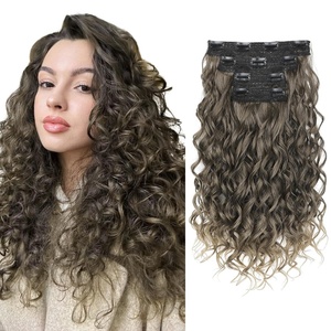 image:imageREECHO Curly Hair Extensions 4PCS 16 inch Clip in Hair Extensions Lace Weft Short Curly Hair Extension Clip Ins Invisible Natural Hairpieces for Women Light Brown with Blonde HighlightsOmbre Brown