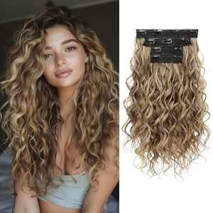 image:imageREECHO Curly Hair Extensions 4PCS 16 inch Clip in Hair Extensions Lace Weft Short Curly Hair Extension Clip Ins Invisible Natural Hairpieces for Women Light Brown with Blonde HighlightsLight Brown with Blonde Highlights
