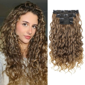 image:imageREECHO Curly Hair Extensions 4PCS 16 inch Clip in Hair Extensions Lace Weft Short Curly Hair Extension Clip Ins Invisible Natural Hairpieces for Women Light Brown with Blonde HighlightsDark Brown to Light Brown