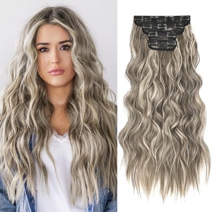 image:imageREECHO Hair Extensions 4PCS Clip in Hair Extensions HE001 Natural Soft Synthetic Hairpieces for Women Light Brown with Blonde HighlightsAsh Brown with Platinum Blonde Highlights