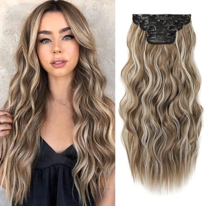 image:imageREECHO Hair Extensions 4PCS Clip in Hair Extensions HE001 Natural Soft Synthetic Hairpieces for Women Light Brown with Blonde HighlightsAsh Brown with Platium Highlights
