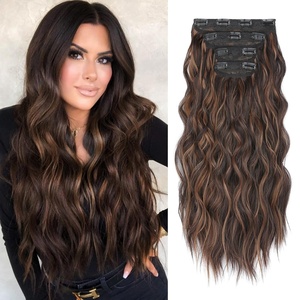 image:imageREECHO Hair Extensions 4PCS Clip in Hair Extensions HE001 Natural Soft Synthetic Hairpieces for Women Light Brown with Blonde HighlightsChestnut Brown with blonde Highlights