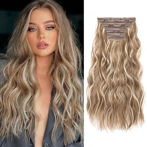image:imageREECHO Hair Extensions 4PCS Clip in Hair Extensions HE001 Natural Soft Synthetic Hairpieces for Women Light Brown with Blonde HighlightsDark Blonde with Light Blonde Highlights