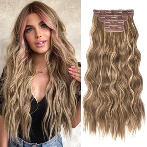 image:imageREECHO Hair Extensions 4PCS Clip in Hair Extensions HE001 Natural Soft Synthetic Hairpieces for Women Light Brown with Blonde HighlightsLight Brown with Blonde Highlights