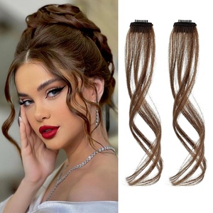 image:imageREECHO Long Side Air Bangs Wavy Curly Clip in Curtain Bangs Front Side Bangs FaceFraming Highlights for Women Daily Use 2 PCS Set Long TemplesWarm Brown