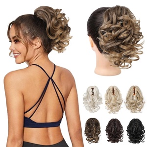 image:imageREECHO Ponytail Extension 9 Claw Clip in Short Curly Wavy Pony Hair Extension Jaw Clip on Pony Tail HP001 Hairpiece for Women  Chocolate Brown with HighlightsDark Ash Blonde with Golden Ends