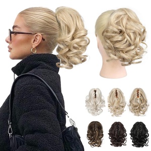 image:imageREECHO Ponytail Extension 9 Claw Clip in Short Curly Wavy Pony Hair Extension Jaw Clip on Pony Tail HP001 Hairpiece for Women  Chocolate Brown with HighlightsMedium Blonde