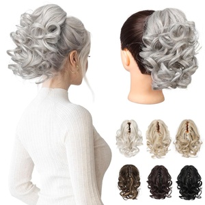 image:imageREECHO Ponytail Extension 9 Claw Clip in Short Curly Wavy Pony Hair Extension Jaw Clip on Pony Tail HP001 Hairpiece for Women  Chocolate Brown with HighlightsSilver Grey
