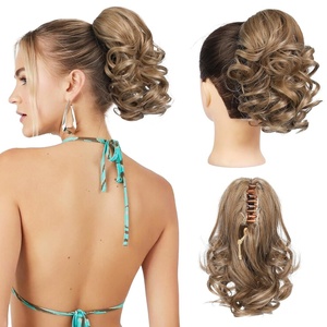 image:imageREECHO Ponytail Extension 9 Claw Clip in Short Curly Wavy Pony Hair Extension Jaw Clip on Pony Tail HP001 Hairpiece for Women  Chocolate Brown with HighlightsLight Golden Brown