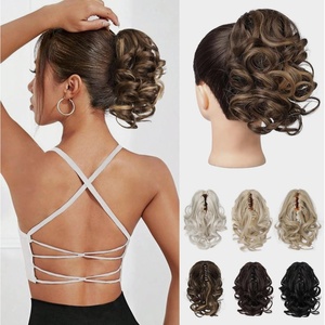 image:imageREECHO Ponytail Extension 9 Claw Clip in Short Curly Wavy Pony Hair Extension Jaw Clip on Pony Tail HP001 Hairpiece for Women  Chocolate Brown with HighlightsChestnut Brown with Golden Highlights