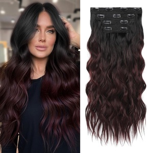 image:imageREECHO Clip in Hair Extensions 4PCS Blonde Hair Extensions 24 Thick Long Beach Waves Invisible Lace Weft Natural Soft Hairpieces for Women  Natural BlondeBlack to Burgundy Ombre