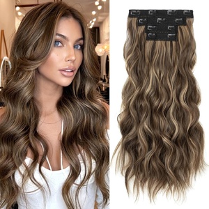 image:imageREECHO Clip in Hair Extensions 4PCS Blonde Hair Extensions 24 Thick Long Beach Waves Invisible Lace Weft Natural Soft Hairpieces for Women  Natural BlondeDeep Brown with Highlights