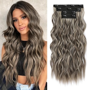 image:imageREECHO Clip in Hair Extensions 4PCS Blonde Hair Extensions 24 Thick Long Beach Waves Invisible Lace Weft Natural Soft Hairpieces for Women  Natural BlondeAsh Brown with Highlights