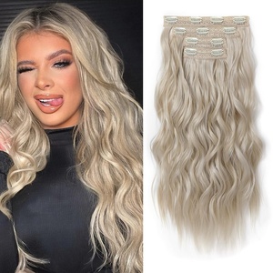 image:imageREECHO Clip in Hair Extensions 4PCS Blonde Hair Extensions 24 Thick Long Beach Waves Invisible Lace Weft Natural Soft Hairpieces for Women  Natural BlondeMedium Blonde