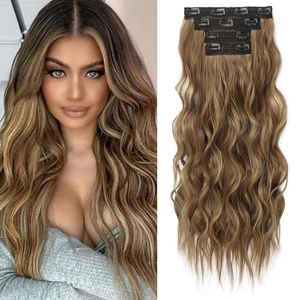 image:imageREECHO Clip in Hair Extensions 4PCS Blonde Hair Extensions 24 Thick Long Beach Waves Invisible Lace Weft Natural Soft Hairpieces for Women  Natural BlondeMedium Reddish Brown with Highlights