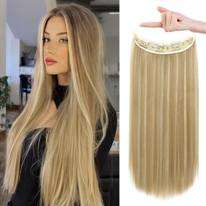 image:imageREECHO Invisible Wire Hair Extensions with Transparent Headband Adjustable Size Removable Secure Clips in Straight Secret Hairpiece for Women  Natural BlackDark Blonde with Highlights