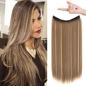 image:imageREECHO Invisible Wire Hair Extensions with Transparent Headband Adjustable Size Removable Secure Clips in Straight Secret Hairpiece for Women  Natural BlackLight Brown with Blonde Highlights