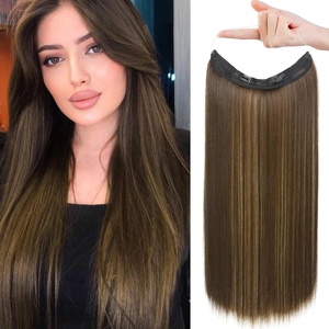 image:imageREECHO Invisible Wire Hair Extensions with Transparent Headband Adjustable Size Removable Secure Clips in Straight Secret Hairpiece for Women  Natural BlackDark Brown with Highlights