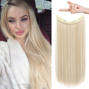image:imageREECHO Invisible Wire Hair Extensions with Transparent Headband Adjustable Size Removable Secure Clips in Straight Secret Hairpiece for Women  Natural BlackAsh Blonde with Highlights