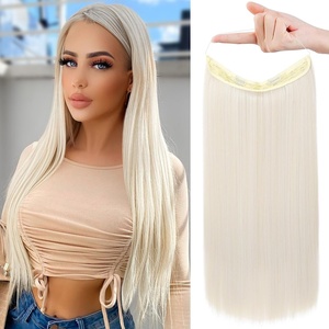 image:imageREECHO Invisible Wire Hair Extensions with Transparent Headband Adjustable Size Removable Secure Clips in Straight Secret Hairpiece for Women  Natural BlackPlatinum Blonde