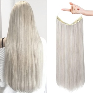 image:imageREECHO Invisible Wire Hair Extensions with Transparent Headband Adjustable Size Removable Secure Clips in Straight Secret Hairpiece for Women  Natural BlackPearl Platinum