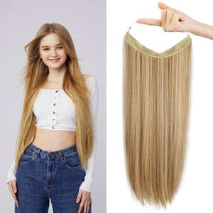 image:imageREECHO Invisible Wire Hair Extensions with Transparent Headband Adjustable Size Removable Secure Clips in Straight Secret Hairpiece for Women  Natural BlackGolden Blonde with Highlights