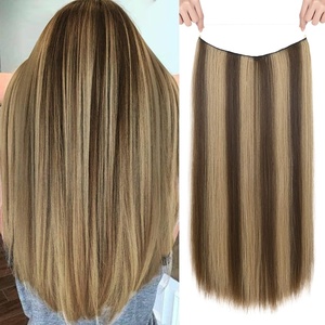 image:imageREECHO Invisible Wire Hair Extensions with Transparent Headband Adjustable Size Removable Secure Clips in Straight Secret Hairpiece for Women  Natural BlackChocolate Brown with Golden Blonde Highlights