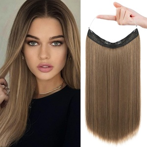 image:imageREECHO Invisible Wire Hair Extensions with Transparent Headband Adjustable Size Removable Secure Clips in Straight Secret Hairpiece for Women  Natural BlackLight Ash Brown with Highlights